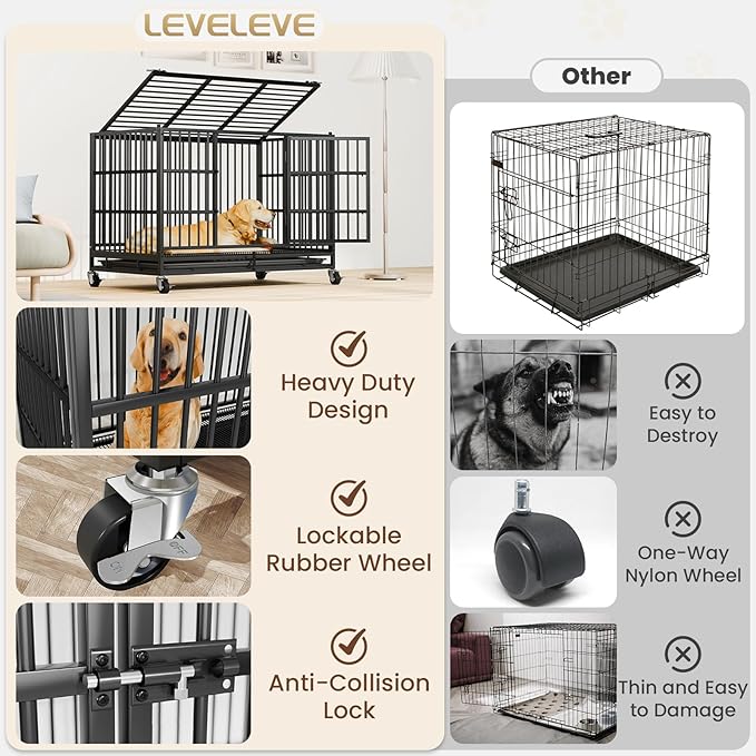 LEVELEVE 38 Inch Heavy Duty Indestructible Dog Crates for Large Dogs，Escape Proof Dog Cage Large Dogs with Lockable Wheels，Dog Kennel Furniture Indoor&amp;Outside