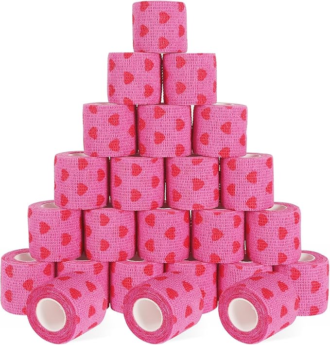 24 Pack Self Adhesive Vet Wrap &amp; Medical Tape, 2 Inch x 5 Yards Cohesive Bandage Wrap - Pink Heart Grip Tape for Ankle, Wrist Sprains, Sports, Pet First Aid