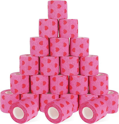 24 Pack Self Adhesive Vet Wrap &amp; Medical Tape, 2 Inch x 5 Yards Cohesive Bandage Wrap - Pink Heart Grip Tape for Ankle, Wrist Sprains, Sports, Pet First Aid