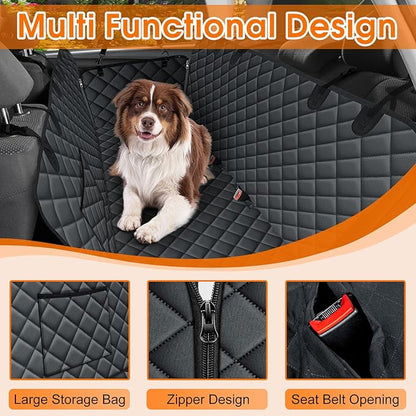 Waterproof Dog Car Seat Cover for Back Seat - Durable, Scratch Proof Pet Hammock with Nonslip Design &amp; Storage Pockets, Fits Cars, SUVs, Trucks- S, Black