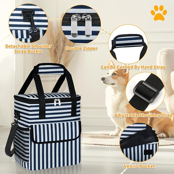 Dog Travel Bag for Camping - Pet Travel Accessories with 2 Collapsible Bowls, 2 Food Containers &amp; Waterproof Feeding Mat - Portable Dog Carrier, Stripe (Small)