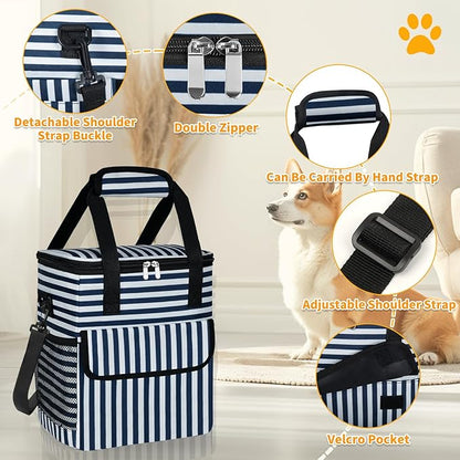 Dog Travel Bag for Camping - Pet Travel Accessories with 2 Collapsible Bowls, 2 Food Containers &amp; Waterproof Feeding Mat - Portable Dog Carrier, Stripe (Small)