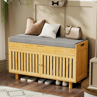 Shoe Storage Bench, Bamboo Entryway Bench with 2 Doors &amp; Padded Seat Cushion, 35.4" W x 12.6" D x 19.7" H, 2-Tier Shoe Rack with Lift Top Hidden Storage, for Entryway, Living Room, Bedroom, Natural