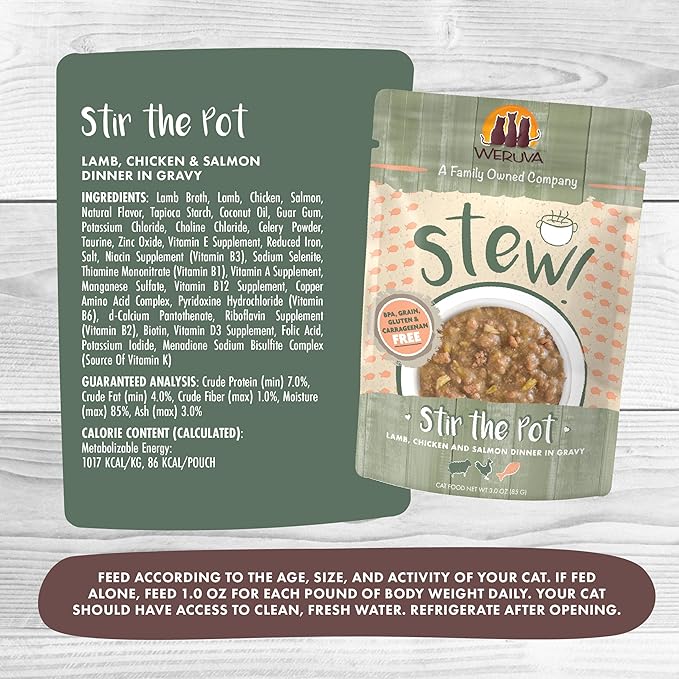 Weruva Classic Cat Stews!, Stir The Pot with Lamb, Chicken &amp; Salmon in Gravy, 3oz Pouch (Pack of 12)