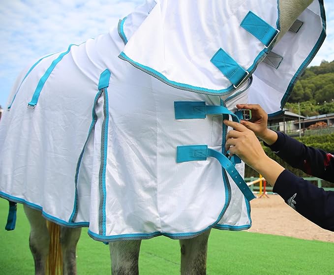 Horse Fly Sheet with Detachable Neck Cover &amp; Belly Wrap, Adjustable Fly Sheet for Horses, Ventilated Airflow Mesh Equine Cooling Summer Flysheet White 72