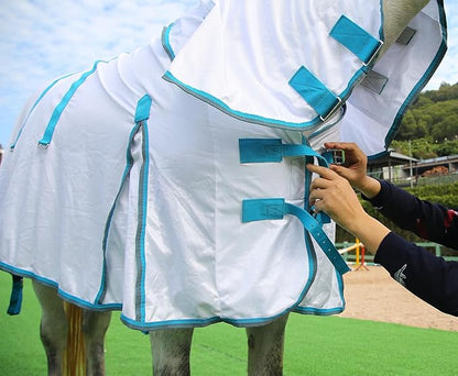 Horse Fly Sheet with Detachable Neck Cover &amp; Belly Wrap, Adjustable Fly Sheet for Horses, Ventilated Airflow Mesh Equine Cooling Summer Flysheet White 72