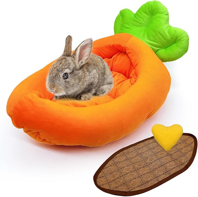 Bunny Bed,Thick&amp;Soft Rabbit Bed with Removable Cushion,Machine Washable with Rattan Mat &amp; Heart Decor,Cozy Warm Small Animal Sleeping Beds (Carrot Shape-M)