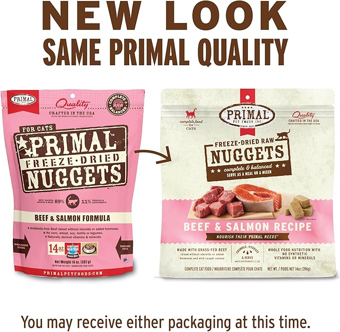 Primal Freeze Dried Raw Cat Food Nuggets Beef &amp; Salmon, Complete &amp; Balanced Meal or Topper, Premium, Healthy, Grain Free, High Protein Raw Cat Food with Probiotics (14 oz)