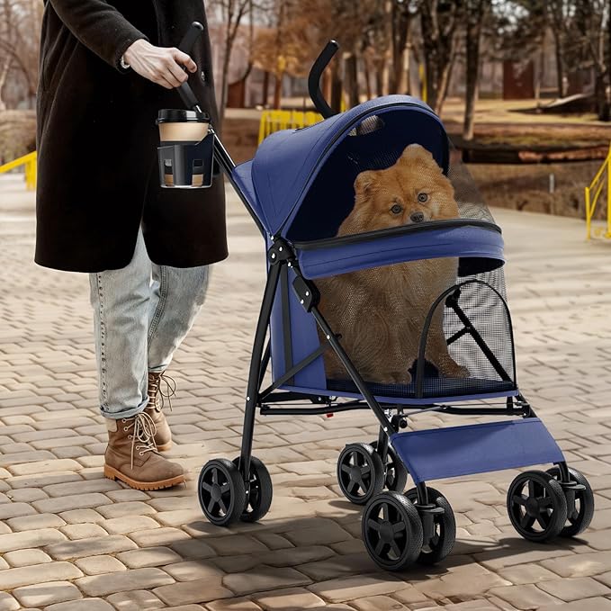 Magshion Compact Pet Stroller for Small-Medium Dogs/Cats up to 22lbs, 4-Wheel Lightweight Umbrella Shaped Portable Puppy Travel Jogger with Breathable Mesh, Cup Holder &amp; Rear Storage, Navy Blue