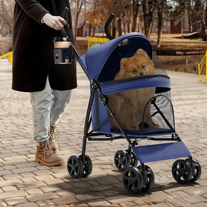 Magshion Compact Pet Stroller for Small-Medium Dogs/Cats up to 22lbs, 4-Wheel Lightweight Umbrella Shaped Portable Puppy Travel Jogger with Breathable Mesh, Cup Holder &amp; Rear Storage, Navy Blue