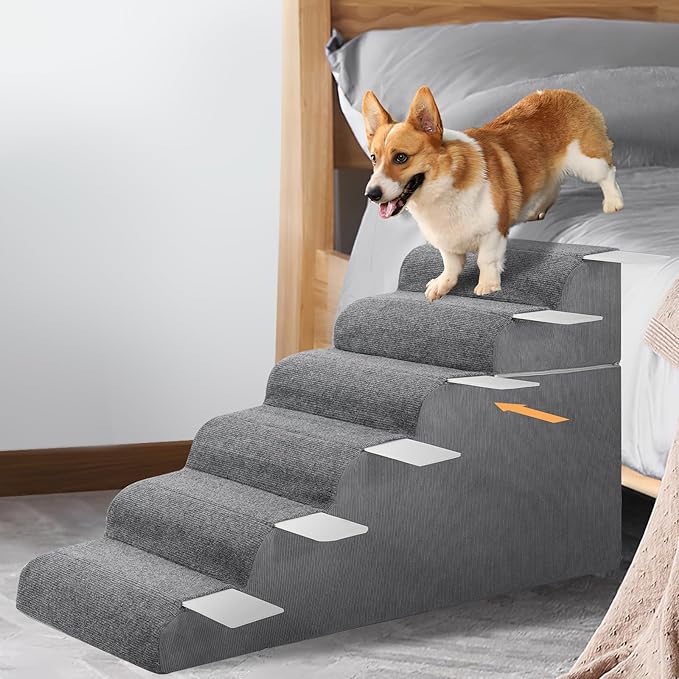 ABORON 𝟲 𝗦𝘁𝗲𝗽𝘀 Dog Steps for High Bed, 26 Inch High Dog Stairs for Small Dogs, Waterproof Pet Stairs for Small Old Large Dogs and Cats with Removable Cover &amp; PE Support Board for Bed/Car/Couch