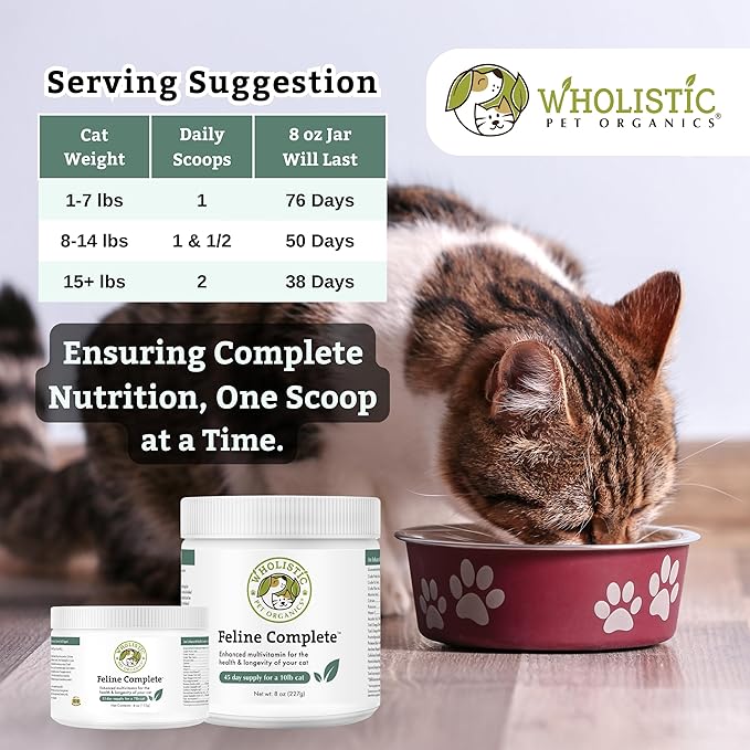 Wholistic Pet Organics Feline Complete - 8 Oz - Multivitamin &amp; Probiotic Powder for Cats - Natural Cat Food &amp; Digestive Support