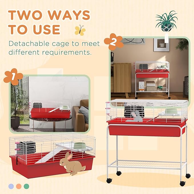 PawHut Two-Story Small Animal Cage Removable from Stand, Guinea Pig Cage with Shelf &amp; Wheels, Pet Habitat for Hedgehog, Chinchilla, Ferret, 33" x 18.5" x 35", Red