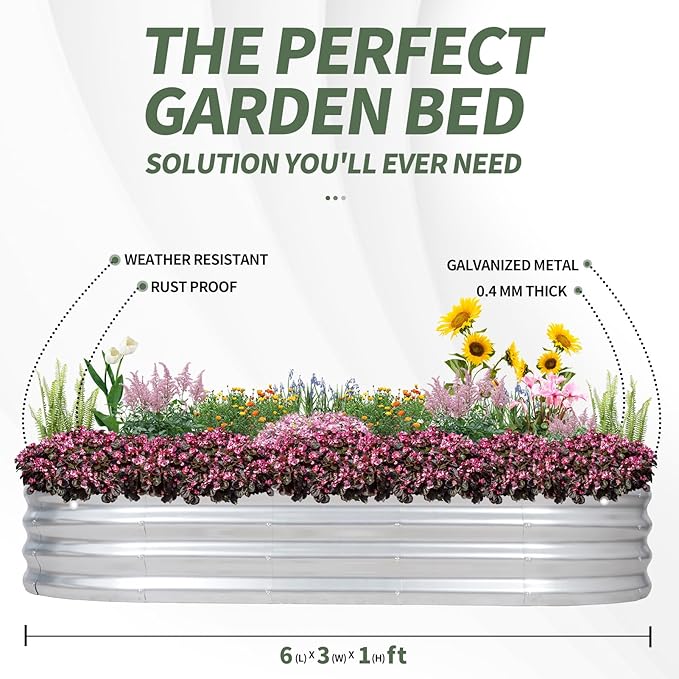 1MORE Galvanized Raised Garden Bed- Planter Garden Boxes Outdoor, Raised Beds for Gardening, 6x3x1ft Metal Garden Bed Kit for Vegetables Flower, Planter Raised Bed with Protective Tape &amp; Tools.Silver
