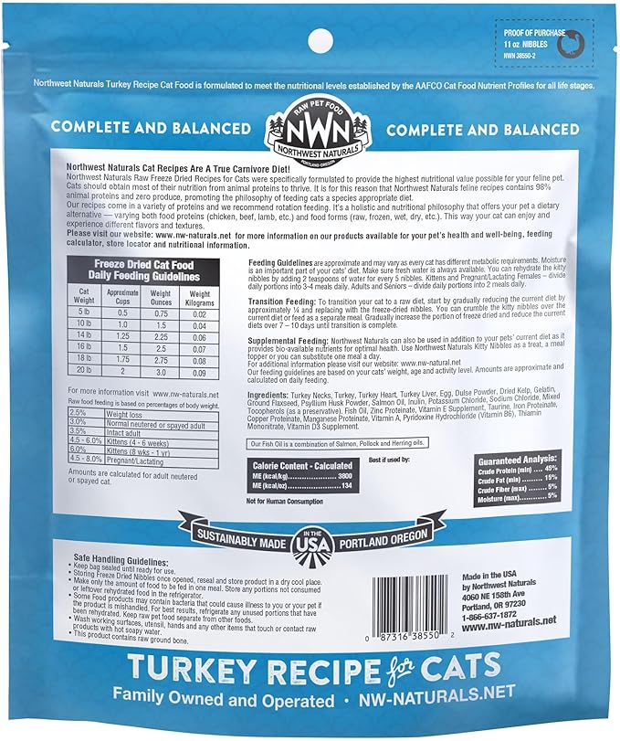 Northwest Naturals Freeze-Dried Turkey Cat &amp; Kitten Food – Bite-Sized Nibbles – Healthy, Limited, Human-Grade Ingredients, All-Natural, High-Protein Raw Diet – Complete &amp; Balanced – 11 oz (Pack of 3)