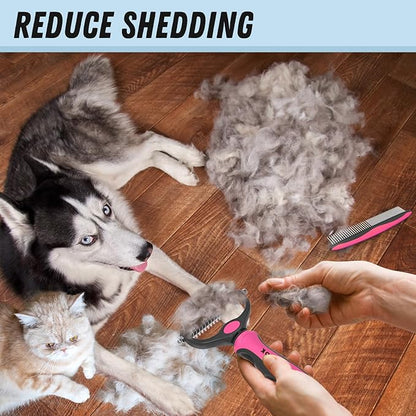 Pet Grooming Brush &amp; Comb Combo, Cat &amp; Dog Brush for Shedding &amp; Dematting, Undercoat Rake for Long-haired Pets, Pink