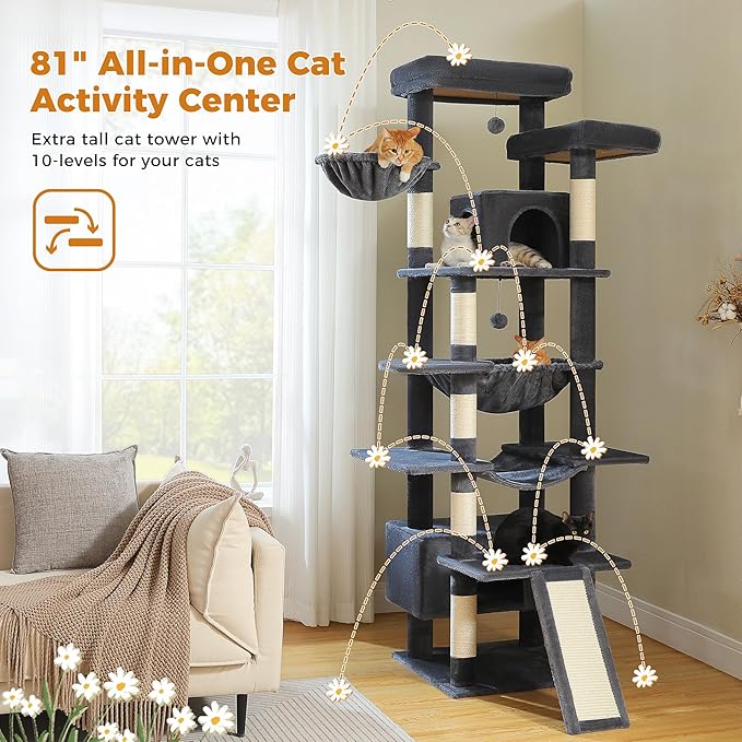 81 Inch Tall Cat Tree for Big Cats &amp; Multi-Cat Homes, Large Heavy Duty Cat Tower with Metal Frame Hammock, 6 Scratching Posts, 2 Condos, 2 Perches, Scratching Pad - Dark Grey