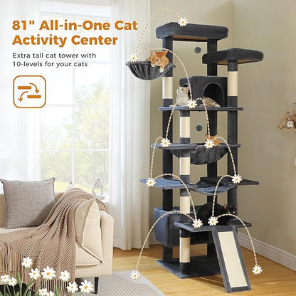 81 Inch Tall Cat Tree for Big Cats &amp; Multi-Cat Homes, Large Heavy Duty Cat Tower with Metal Frame Hammock, 6 Scratching Posts, 2 Condos, 2 Perches, Scratching Pad - Dark Grey