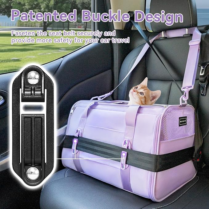 PETSFIT Soft-Sided Cat Carriers &amp; Car Seats with Patent Safe Buckles, Clip-On Harness, 18"x11"x11" Airline Approved Pet Carrier - 9 lbs Capacity (Purple)