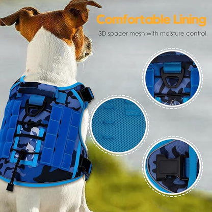 Heavy-Duty Tactical Dog Harness for Large Dogs, No Pull Adjustable Reflective Pet Vest with Molle System, K9 Military-Grade Control for Service Training, Outdoor &amp; 10+ Breeds, Blue Camo, XX-Large