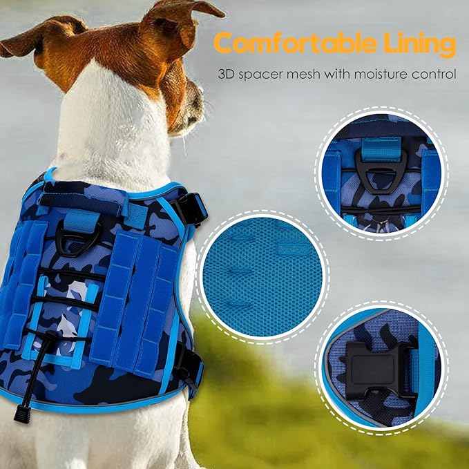 Heavy-Duty Tactical Dog Harness for Large Dogs, No Pull Adjustable Reflective Pet Vest with Molle System, K9 Military-Grade Control for Service Training, Outdoor &amp; 10+ Breeds, Blue Camo, X-Large
