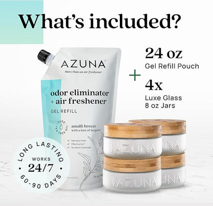 Azuna Air Freshener &amp; Odor Eliminator Gel 4 Room Kit, Includes (4) 8 oz. Empty Luxe Glass Jars &amp; 24 oz. Refill with Tea Tree Essential Oil, Amalfi Breeze, Works 24/7 for 60-90 Days