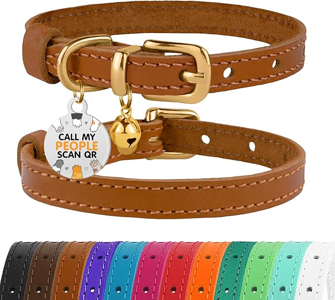 BRONZEDOG Leather Cat Collar with Removable Bells Non Breakaway Kitten QR Tag for Girl Boy (7" - 9" for Cats, Light Brown &amp; Gold)