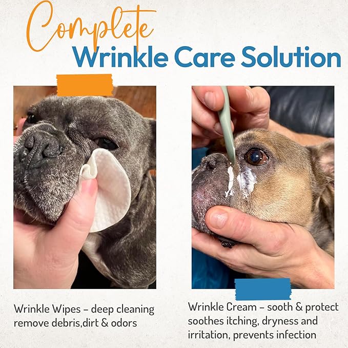 Bulldog Wrinkle Wipes &amp; Cream Bundle - Deep Cleaning Wrinkle Wipes + Soothing Dog Wrinkle Cream - Hypoallergenic for Bulldogs, Pugs, Frenchies (100 Wipes + 85g Cream)