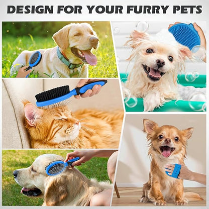 2PCS Pet Grooming Tools - Double-Sided Brush for Shedding and Bathing, Suitable for Short/Long Haired Dogs Cats and Horses, Deshedding Dog Brush, Mane &amp; Tail Combs for Horses - Pet Supplies (Blue)
