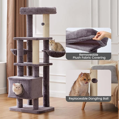 Gardner Pet 65in Heavy Duty Cat Tree Tower for Large Cats, Multi-Level Cat Furniture with Replaceable Sisal Scratching Post, Hammock | Extra-Large Platform &amp; Condo (Upgraded Grey)
