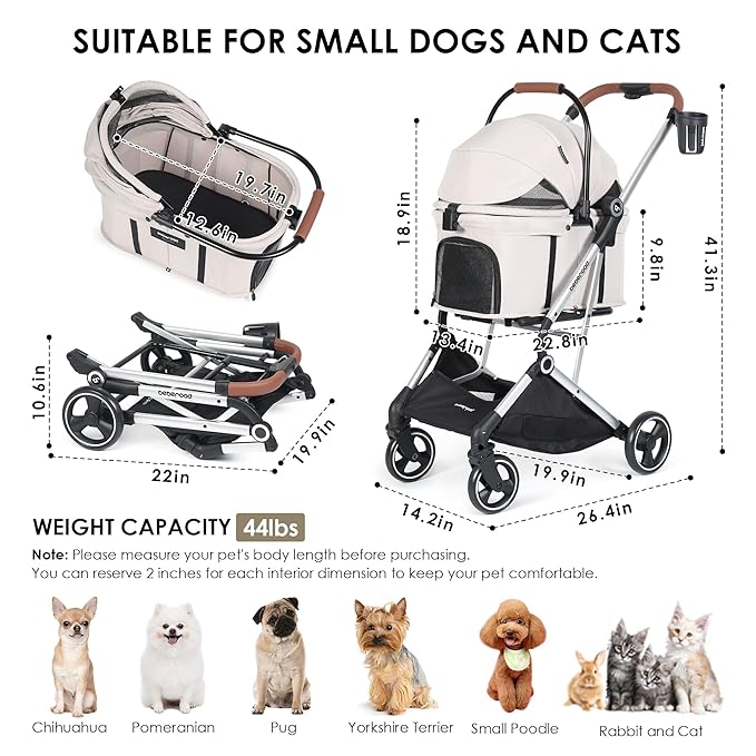 T3 Pro 3-in-1 Pet Stroller for Small Dogs &amp; Cats – Foldable, Lightweight with Detachable Carrier, 180° Canopy &amp; Cup Holder (Beige)