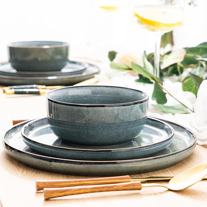 GBHOME Ceramic Dinnerware Sets for 6, 18 Pieces Stoneware Plates and Bowls Sets, Scratch Resistant Dishes, Dishwasher &amp; Microwave Safe, Space Blue