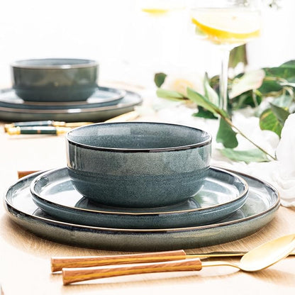 GBHOME Ceramic Dinnerware Sets for 6, 18 Pieces Stoneware Plates and Bowls Sets, Scratch Resistant Dishes, Dishwasher &amp; Microwave Safe, Space Blue