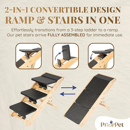 Dog Steps for Bed &amp; Couch 2-in-1 Dog Stairs/Ramp - Height Adjustable Dog Ramp for Couch 7” - 20” - Pet Stairs, Dog Stairs for Small Dogs - Easy to Move Pet Steps with Landing Platform, Natural