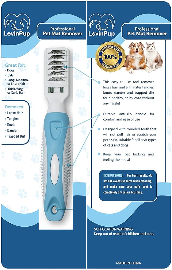 Pet Mat Remover Easily removes Mats Professionally from your DOGS &amp; CATS and Straightens Tuft &amp; Knotted Pet hair. Extremely Gentle on pets, works on Sensitive Skin too! Blue