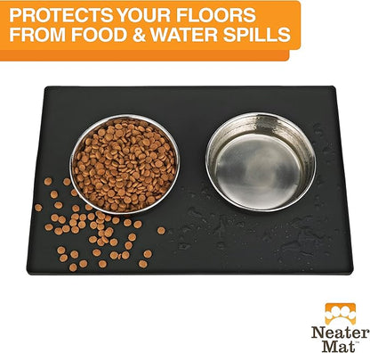 Neater Pet Brands Neater Mat Pet Mats for Food and Water, Cat &amp; Dog Bowl Mat Waterproof Silicone, Feeding Tray, Dog Food Mats for Floors, Placemat w/Raised Edge for Under Bowls, 24" x 16", Black