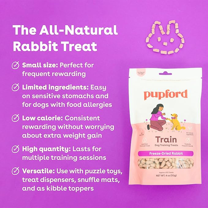 Pupford Freeze Dried Training Treats for Dogs &amp; Puppies, 1400+ Two Ingredient Bites (Rabbit, 4 oz, 3 Pack)
