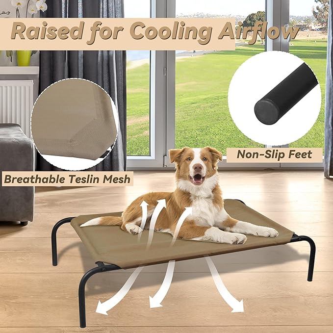 PHYEX Elevated Dog Bed for Medium Dogs, Raised Dog Bed with Breathable Mesh, Dog Cot Bed with Sturdy Steel Frame for Indoor &amp; Outdoor Use, Non Slip, Easy to Clean, 43.5 Inches, Brown