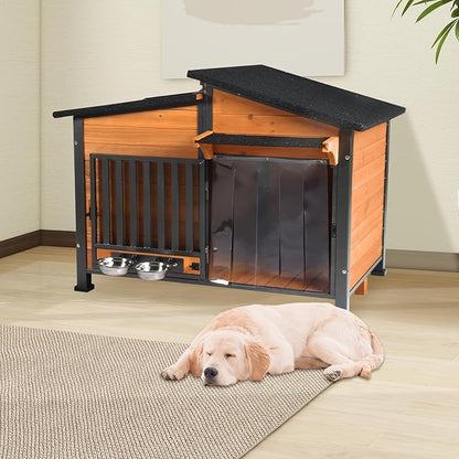 Chew-Resistant Dog House with Metal Frame, Wooden Kennel for Indoor &amp; Outdoor Use, Waterproof Roof &amp; Feeding Bowls Included (Wood, L)