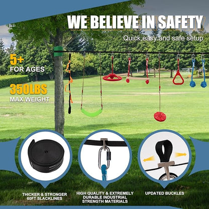 Slsy 60FT Ninja Warrior Obstacle Course (13 Obstacles), Ninja Slackline Kit for Kids, Durable Playset Equipment with 13 Most Complete Set-Monkey Bar,Swing, Balance Belt, Climbing Ladder &amp; Net