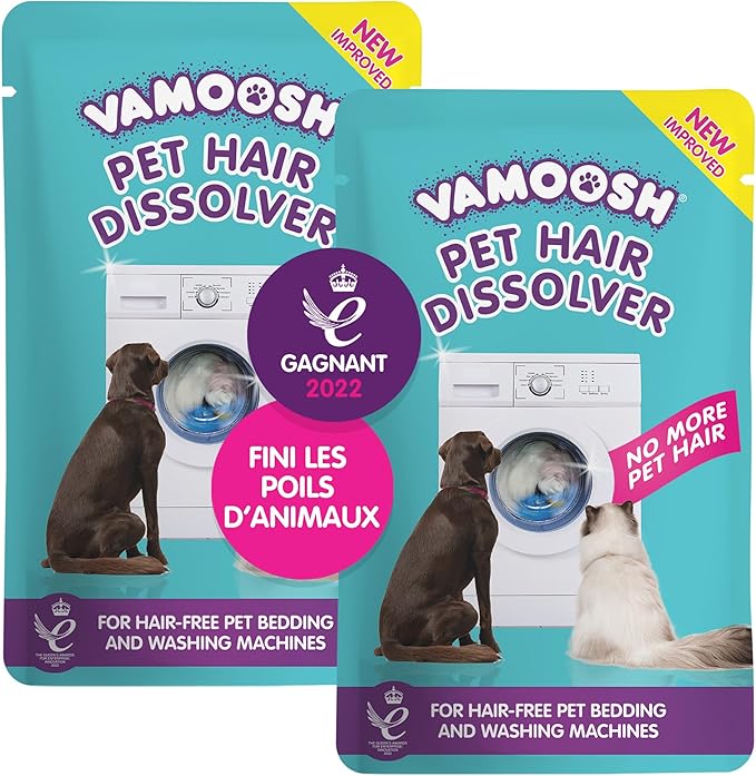 Vamoosh Pet Hair Dissolver | No Harmful Chemicals | Safe for Pets | Patented Pet Hair Dissolving Formula | Removes Odor | Dissolves Dog, Cat &amp; Animal Fur | Easy to Use | 3 Sachets (Pack of 2)