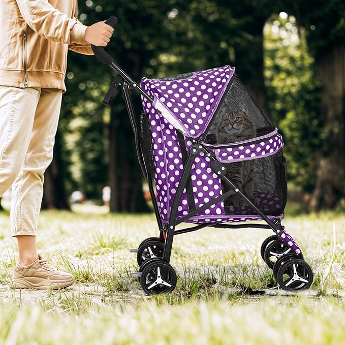 Magshion Compact Pet Stroller for Small-Medium Dogs/Cats up to 22lbs, 4-Wheel Lightweight Umbrella Shaped Portable Puppy Travel Jogger with Breathable Mesh &amp; Rear Storage, Purple Polka Dots