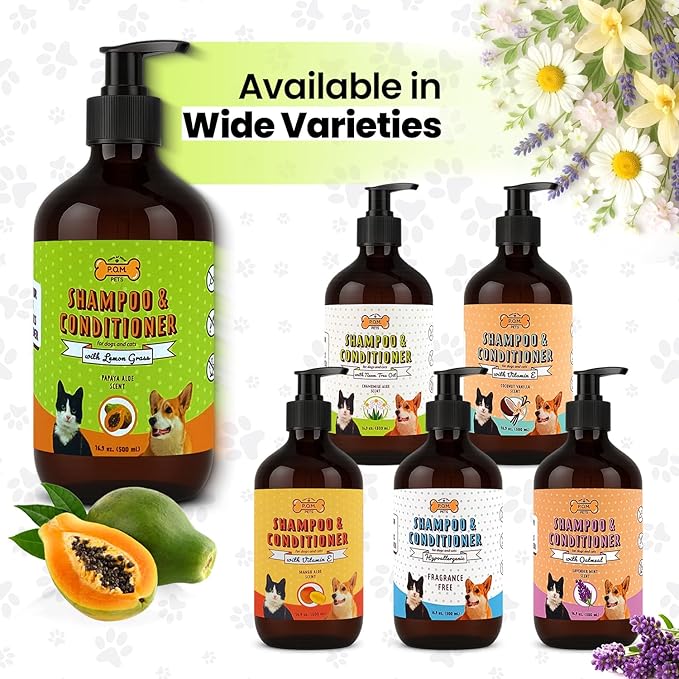 POM Pets 2-in-1 Organic Dog Shampoo &amp; Conditioner – Itchy Skin Relief, Dog Deshedding, Detangles Fur, Cat Shampoo, Paw Cleaner for Dogs, Natural Coat Defense Formula