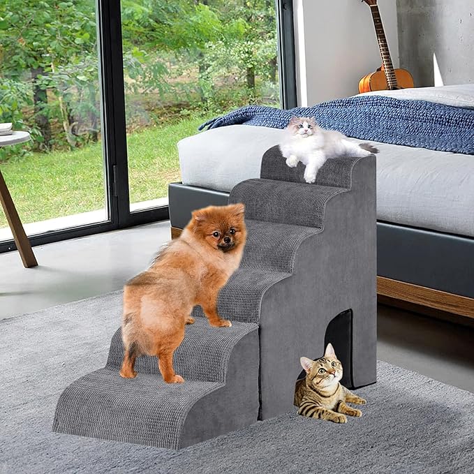 6 Step Dog Stairs&amp;Steps 29 Inches Tall Up to 29-32 Inches High Bed, Dog Ramp Cat Stairs Pet Ladder for Small Medium Dogs, Doggie, Old Cats, Kitty, Grey