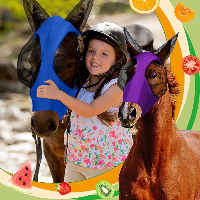Frienda 4 Pcs Horse Fly Masks with Ears Head Fly Masks for Horses Smooth Elastic UV Protection Cover from Summer Insect Pests(Medium,Purple, Blue, Pink, Black)