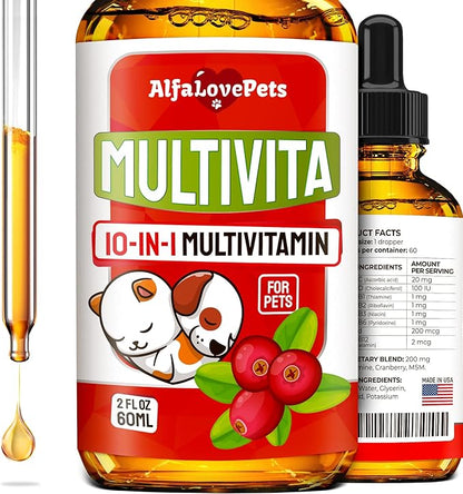 Liquid Multivitamin for Dogs – Cat Multivitamins for Indoor Cats – 10-in-1 Liquid Dog Vitamins B Complex, C, D3 – Digestion, Urination, Hip &amp; Joint, Skin &amp; Coat – Cranberry Flavor – 2 Oz