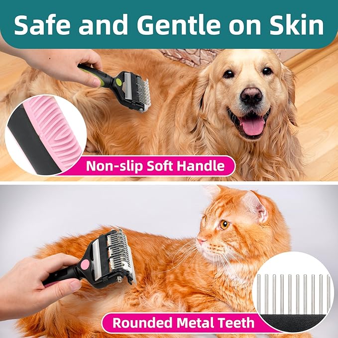 3-IN-1 Pet Grooming Tool - Undercoat Rake, Dematting Comb &amp; Deshedding Brush for Cats &amp; Dogs - Removes Mats, Tangles &amp; Loose Fur, Reduces Shedding &amp; Prevents Hair Mess (Pink)