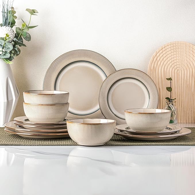 GBHOME Ceramic Dinnerware Sets, 18 Piece Embossed Elegant Stoneware Plates and Bowls Sets, Housewarming Wedding Gift | Dishwasher &amp; Microwave Safe | Dishes Set Service for 8