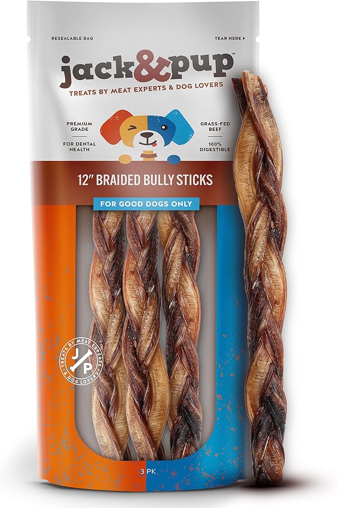 Jack&amp;Pup 12" Braided Bully Sticks (3 Pack) Long Lasting Thick Bully Sticks for Large Dogs and Aggressive Chewers, Single Ingredient Dog Chews