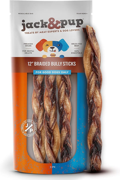 Jack&amp;Pup 12" Braided Bully Sticks (3 Pack) Long Lasting Thick Bully Sticks for Large Dogs and Aggressive Chewers, Single Ingredient Dog Chews